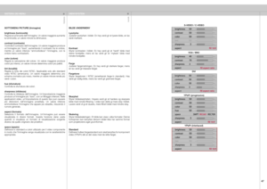 Page 47
italianonorsk
47

brightness
contrast
colo
r
sharpnes
s
aspec
t

SOTTOMENU PICTURE (Immagine)
brightness (luminosità)Regola la luminosità dell’immagine. Un valore maggiore aumenta la luminosità; un valore minore la diminuisce.
contrast (contrasto)Controlla il contrasto dell’immagine. Un valore maggiore produce un’immagine  più  “dura”,  aumentando  il  contrasto  tra  le  ombre, mentre  un  valore  inferiore  “ammorbidisce”  l’immagine,  con  le ombre meno contrastanti.
color (colore)Regola  la...