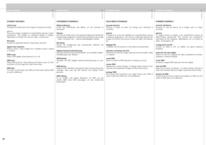Page 48
englishdeutschfrancaisespa
ñol
48

DYNAMIC SUB MENU
white boostIncreases the white level of the image for enhanced contrast
gammaThe source image is adapted to characteristics typical to certain applications.  This  enables  an  optimized  display  of  images, depending on whether the source is video, computer etc.
DVI setupEnables an expanded dynamic range when using DVI.
digital noise reductionReduce  noise  in  video  images  from  unstable  sources,  cabling or material.
DNR modeSwitch DNR (digital...