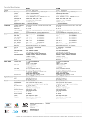 Page 6
All brands and trade names are the property of their respective owners. Specifications subject to change without prior notice. All values are typical and may vary. Patent pending on lamp and cooling system.
Te c h n i c a l   S p e c i f i c a t i o n sF3+ SX+ F3+ XGA 
ProjectorSXGA+ DLP™ digital projectorXGA DLP™ digital projector
DisplayTechnologySingle chip LVDS DLP™ technology with DarkChip3™Single chip LVDS DLP™ technology with DarkChip3 ™
ConceptSealed, all-glass, optical designSealed, all-glass,...
