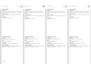 Page 6666
englishdeutschfrancaisespañol
LAMP SUB MENU
eco modeSwitch eco mode (low power and long life) on or off . When on, lamp power may not be adjusted . When off, lamp power may be adjusted  . 
lamp 1, 2 powerAdjust lamp power when not in eco mode . Individual control of each lamp .
lamp modeEnters the lamp mode sub menu .
MENU SYSTEMMENÜSYSTEMSYSTEME MENUSISTEMA DE MENÚS
LAMP MODE SUB MENU
single 1, 2Selects which lamp to run in single lamp mode .
dualRuns both lamps simultaneously .
auto switchEnables...