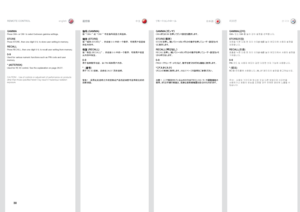 Page 3030
english中文日本語 한국어
GAMMAPress
.GM+ .or .GM- .to .select .between .gamma .settings  ..
STOREPress.STORE, .then .one .digit .0-9, .to .store .user .setting .in .memory  .
RECALLPress.RECALL, .then .one .digit .0-9, .to .recall .user .setting .from .memory  .
0-9Used.for .various .numeric .functions .such .as .PIN .code .and .user.
memory  .
* (ASTERISK)Used.for .RC .ID .control  ..See .the .explanation .on .page .2\f/27  .
CAUTION! - Use of controls or adjustment of performance on products 
other than...