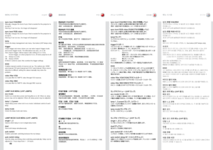 Page 6666
english中文日本語 한국어MENU SYSTEM
菜单系统メニューシステム 메뉴 시스템
LAMP SUB MENU (UHP\c LAMPS)
ec\b m\bde
Switch .eco .mode .(low .power .and .long .life) .on .or .off  ..When .on, .lamp.
power .may .not .be .adjusted  ..When .off, .lamp .power .may .be .adjusted  ..
lamp 1, 2 p\bwerAdjust.lamp .power .when .not .in .eco .mode  ..Individual .control .of .each.
lamp  .
lamp m\bdeEnters .the .lamp .mode .sub .menu  .
LAMP MODE SUB MENU\c (UHP LAMPS)
s\fngle 1, 2
Selects .which .lamp .to .run .in .single .lamp .mode  ....