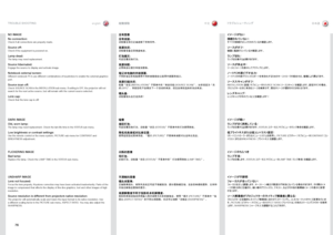 Page 76english中文日本語
76
NO IMAGE
N\b c\bnnect\f\bn: 
Check.if .all .connections .are .properly .made  .
S\burce \bff: Check .if .the .equipment .is .powered .on  .
Lamp dead: The .lamp .may .need .replacement  ..
S\burce h\fbernated: Engage.the .source .to .display .and .activate .image  .
N\bteb\b\bk external screen:.Different .notebook .PC’s .use .different .combinations .of .keystrokes .to .enable .the .external .graphics.
port  .
S\burce scan \bff: Check .SOURCE .SCAN .in .the .INSTALLATION .sub .menu...