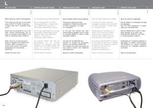 Page 1616
english
deutsch
francais
español
norsk
L
SET UP VIDEO
Before setting-up, switch off all equipment.
Three video sources may be connected,
using the R/Pr, G/Y, B/Pb (component), 
S (super video) and C (composite video)
inputs.
Sound may be connected for up to two
video sources simultaneously, one for
super or composite video (AUDIO 3), the
other for component video (VIDEO 4).
Audio output for an external sound 
system is available at the AUDIO OUT 
connector. When connecting to an 
external audio...