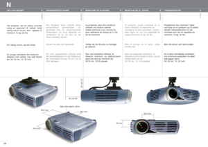 Page 1818
english
deutsch
francais
español
norsk
N
DECKENBEFESTIGUNG
Der Projektor kann mithilfe einem
entsprechend genehmigten UL-
getesteten bzw. UL- aufgenommenen
Deckenstativ mit einer Kapazität von
mindestens 12 kg (26 lbs.) an der
Decke befestigt werden. 
Nutzen Sie dazu M4 Schrauben.
Für eine ausreichende Lüftung muss
der Mindestabstand von der Decke bzw.
der Hinterwand 30 bzw. 50 cm (12/ 20
Zoll) betragen.
MONTAJE EN EL TECHO
El proyector puede montarse en el
techo utilizando un dispositivo de 
montaje...
