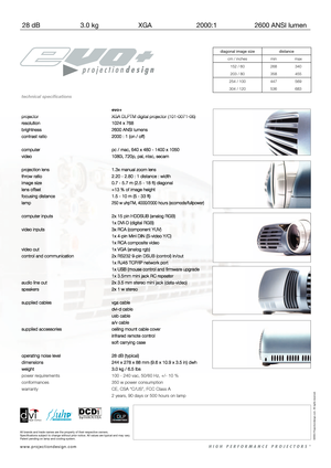 Page 2
diagonal image size
distance

cm / inches
min
max

152 / 60
268
340

203 / 80
358
455

254 / 100
447
569

304 / 120
536
683

technical speciﬁ cations
evo+
projectorprojectorXGA DLPTM digital projector (101-0071-06)XGA DLPTM digital projector (101-0071-06)
resolution1024 x 768
brightness2600 ANSI lumens
contrast ratio2000 : 1 (on / off)
computerpc / mac, 640 x 480 - 1400 x 1050
video1080i, 720p, pal, ntsc, secam
projection lens1.3x manual zoom lens
throw ratio2.20 - 2.80 : 1 distance : width
image...