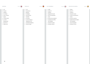 Page 1616
englishdeutschfrancaisespañol
LensA 
IR sensorB 
VentilationC 
Foot releaseD 
Power connector E 
Keypad F 
Connector panelG 
Lens shiftH 
Adjustable feetI 
Security lockJ 
Ceiling mountK 
OVERVIEWÜBERSICHTVUE D’ENSEMBLEDESCRIPCIÓN GENERAL
LinseA 
InfrarotsensorB 
BelüftungC 
FußfreigabeD 
StromanschlussE 
TastenfeldF 
AnschlüsseG 
LinsenverschiebungH 
Regulierbare FüßeI 
SicherheitsverriegelungJ 
DeckenmontageK 
ObjetivoA 
Sensor IRB 
VentilaciónC 
Disparador de patoD 
Conector de alimentaciónE...