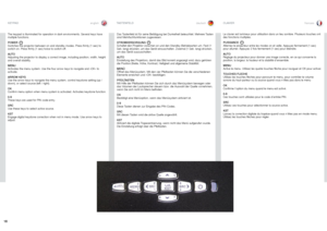 Page 18englishdeutschfrancais
18
The keypad is illuminated for operation in dark environments . Several keys have multiple functions .
POWERSwitches the projector between on and standby modes . Press firmly (1 sec) to switch on . Press firmly (1 sec) twice to switch off .
AUTOAdjusting the projector to display a correct image, including position, width, height and overall stability  .
MENUActivates the menu system . Use the four arrow keys to navigate and «OK» to activate .
ARROW KEYSUse the arrow keys to...