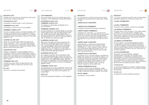 Page 2020
englishdeutschfrancaisespañolINDICATORSLEUCHTANZEIGENINDICATEURSINDICADORES
INDICATOR LIGHT
The light next to the power key indicates the overall system status by blue, orange and red colors .
FLASHING BLUE LIGHT
The projector has been turned on, and is warming up .
PERMANENT BLUE LIGHT 
The projector is turned on and in normal operation .
PERMANENT ORANGE LIGHT
The unit is in standby mode; no source(s) connected, or the source(s) connected are inactive or switched off, thereby activating the...