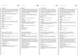 Page 4444
englishdeutschfrancaisespañol
OVERVIEW
The menu system gives access to a multitude of image and system controls . The menu system is structured through a top menu and several sub menus . The sub menus may vary depending on the actual source selected . Some functions are not available with some sources .
Press the MENU key and navigate using the arrow keys on the keypad or the arrow keys on the remote control
TOP MENU
pictureBasic and advanced picture controls .
installationSystem controls and...