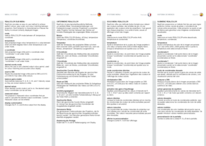 Page 5050
englishdeutschfrancaisespañol
REALCOLOR SUB MENU
RealColor provides an easy-to-use method to achieve perfect colours, grey scale, and colour matching between projectors . Each projector is characterized as it leaves the factory to ensure correctly displayed images .
modeSelects REALCOLOR mode between off, temperature, coordinate .
temperatureSets projected image colour temperature to a value between 3200 and 9300 degrees Kelvin when temperature is set under mode .
x-coordinateSets projected image...