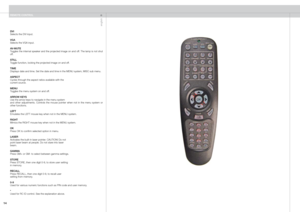 Page 14
english
1

REMOTE CONTROL
DVISelects the DVI input.
VGASelects the VGA input.
AV-MUTEToggles the internal speaker and the projected image on and off. The lamp is not shut off.
STILLToggle function, locking the projected image on and off.
TIMEDisplays date and time. Set the date and time in the MENU system, MISC s\
ub menu.
ASPECTCycles through the aspect ratios available with thecurrent source.
MENUToggles the menu system on and off.
ARROW KEYSUse the arrow keys to navigate in the menu systemand...