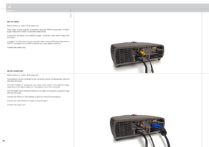 Page 16
english
1

SET UP VIDEO
Before setting-up, switch off all equipment.
Three  video  sources  may  be  connected,  using  the  YPbPr  (component),  S-VIDEO (super video) and C-VIDEO (composite video) inputs. 
Component will display more detailed images. Composite video yields images with less detail.
In addition, the DVI-D input can be used with video sources (DVD player fitted with an HDCP™ compliant DVI or HDMI connector) for a pure digital connection.
Connect the power cord.
SETUP COMPUTER
Before...