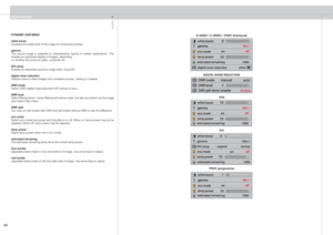 Page 24
english
2

DYNAMIC SUB MENU
white boostIncreases the white level of the image for enhanced contrast
gammaThe  source  image  is  adapted  to  characteristics  typical  to  certain  applications.  This enables an optimized display of images, dependingon whether the source is video, computer etc.
DVI setupEnables an expanded dynamic range when using DVI.
digital noise reductionReduce noise in video images from unstable sources, cabling or material.
DNR modeSwitch DNR (digital noise reduction) off,...