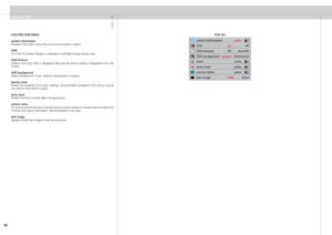 Page 28
english
2

UTILITIES SUB MENU
system informationDisplays information about the source and projector status.
OSDTurn the On Screen Display on (display) or off (hide) during source scan.
OSD timeoutDefines  how  long  OSD  is  displayed  after  last  key  action  before  it  disappears  from  the screen.
OSD backgroundSelect background mode, whether transparent or opaque.
factory resetResets the projector to its basic settings. All parameters available in the various menus are reset to their factory...