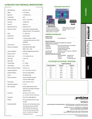 Page 2VERSATILE
X540
ULTRALIGHT X540 TECHNICAL SPECIFICATIONS
www.proxima.com
www.infocus.com
InFocus Corporation, Proxima Brand Group:27700B SW Parkway Avenue • Wilsonville, Oregon 97070-9215
Phone: 503-685-8888 • 1-800-294-6400 • Fax: 503-685-8887
In Europe:Olympia 1 • NL-1213 NS Hilversum, The Netherlands
Phone: (31) 35 6474000 • Fax: (31) 35 6423999
Freephone: 008000 4636287 (008000 INFOCUS)
In Asia:238A Thomson Road • #18-01/04 Novena Square
Singapore 307684 • Telephone: (65) 334-9005 • Fax: (65)...