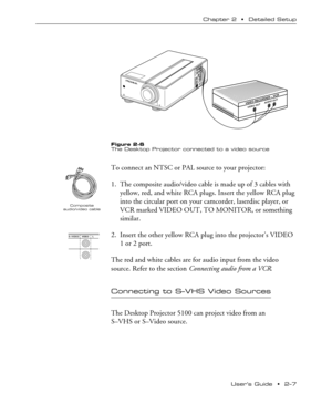 Page 15UserÕs Guide  ¥  2Ð7 Chapter 2  ¥  Detailed Setup
S–VIDEOVIDEO L
Composite
audio/video cable

VIDEO RECORDER – VCRVIDEO OUTAUDIO OUT
Figure 2-6
The Desktop Projector connected to a video source
To connect an NTSC or PAL source to your projector:
1. The composite audio/video cable is made up of 3 cables with
yellow, red, and white RCA plugs. Insert the yellow RCA plug
into the circular port on your camcorder, laserdisc player, or
VCR marked VIDEO OUT, TO MONITOR, or something
similar.
2. Insert the...
