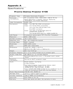 Page 44UserÕs Guide  ¥  AÐ1 Appendix A  ¥  Specifications
Appendix A
Specifications
Proxima Desktop Projector 5100
Projector  Type Portable Multimedia Projector
Computer
CompatibilityPC compatibles (VGA, VESA 640 x 480 @ 72 Hz)
Apple Macintosh II, Quadra, Centris, Performa,
PowerBook, and Power Macintosh
Video Compatibility NTSC, PAL   
ConnectorsRGB: Two DB-15s (VGA connectors)
Video:Two female RCA composites  
Two 4-pin Mini DIN S-Video (Y/C)
One BNC connector
Audio:Two sets of female RCA jacks for  
COMPUTER...