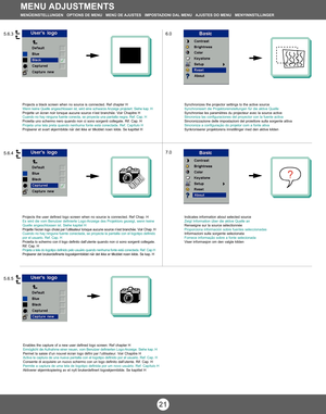 Page 2121
Enables the capture of a new user defined logo screen. Ref chapter H
Ermöglicht die Aufnahme einer neuen, vom Benutzer definierten Logo-Anzeige. Siehe kap. H
Permet la saisie d’un nouvel 
écran logo défini par l’utilisateur. Voir Chapitre H
Activa la captura de una nueva pantalla con el logotipo definido por el usuario. Ref. Cap. HConsente di acquisire un nuovo schermo con un logo definito dall’utente. Rif. Cap. H
Permite a captura de uma tela de logotipo definida por um novo usuário. Ref. Capítulo...