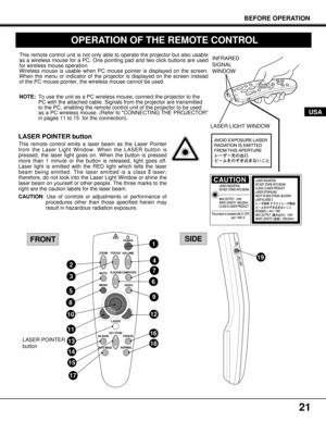 Page 2121
BEFORE OPERATION
ON
ALL OFF19
FRONTSIDE
LASER POINTER
button
USA
VOLUME
POWER
FOCUS
ZOOM
VIDEO
COMPUTERD.ZOOM
MENUMUTE
LASER
KEY STONENO SHOWFREEZE
AUTO IMAGENORMAL
3
1
9
7
24
5
6
8
10
11
12
13
14
15
16
17
18
OPERATION OF THE REMOTE CONTROL
This remote control unit is not only able to operate the projector but also usable
as a wireless mouse for a PC. One pointing pad and two click buttons are used
for wireless mouse operation.
Wireless mouse is usable when PC mouse pointer is displayed on the...