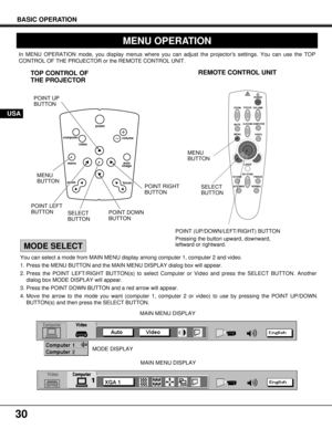 Page 3030
MENU OPERATION
BASIC OPERATION
computer
videopower
volume
auto
image menu
zoom
focus
SELECT
BUTTON
You can select a mode from MAIN MENU display among computer 1, computer 2 and video.
1. Press the MENU BUTTON and the MAIN MENU DISPLAY dialog box will appear.
2. Press the POINT LEFT/RIGHT BUTTON(s) to select Computer or Video and press the SELECT BUTTON. Another
dialog box MODE DISPLAY will appear.
3. Press the POINT DOWN BUTTON and a red arrow will appear.
4. Move the arrow to the mode you want...