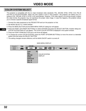 Page 3232
COLOR SYSTEM
DISPLAY MAIN MENU DISPLAY This projector is compatible with the six major broadcast video standards: PAL, SECAM, NTSC, NTSC 4.43, PAL-M
and PAL-N (COLOR SYSTEMs). When the color system is set to Auto position, this projector can detect one of 4
systems (PAL, SECAM, NTSC or NTSC 4.43) automatically. However, if the video signal is not strong enough to detect
the video format, the projector may not reproduce the proper video image. In case this happens, this projector allows
you to choose a...
