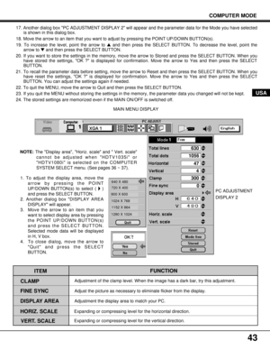 Page 4343
COMPUTER MODE
USA
1
630
1056
47
4
300
0
ITEM
CLAMP
DISPLAY AREA
HORIZ. SCALEFUNCTION
Adjustment of the clamp level. When the image has a dark bar, try this adjustment.
Expanding or compressing level for the vertical direction. Expanding or compressing level for the horizontal direction.PC ADJUSTMENT
DISPLAY 2 MAIN MENU DISPLAY 17. Another dialog box PC ADJUSTMENT DISPLAY 2 will appear and the parameter data for the Mode you have selected
is shown in this dialog box.
18. Move the arrow to an item that...