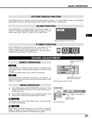 Page 2121
BASIC OPERATION
Press FREEZE button on Remote Control Unit to freeze picture on-screen.  To cancel FREEZE function, press FREEZE
button again or press any other button except POINT / SELECT / RIGHT CLICK / LASER button.
PICTURE FREEZE FUNCTION
Press P-TIMER button on Remote Control unit.  Timer display “00 : 00”
appears on screen and timer starts to count time (00 : 00 ~ 59 : 59).  
To stop P-TIMER display, press P-TIMER button.  And then, press P-
TIMER button again to cancel P-TIMER function....