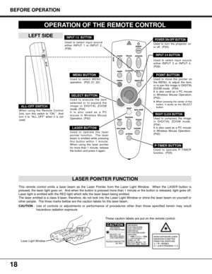 Page 1818
volume
power
focus
zoom
input 3/4
input 1/2d.zoom
menumute
laser
keystoneblankfreeze
auto imagenormal
lens shift
p-timer
lock
OPERATION OF THE REMOTE CONTROL
on
all off
ALL-OFF SWITCH
LEFT SIDE
When using the Remote Control
Unit, turn this switch to “ON.”  And
turn it to “ALL OFF” when it is not
used.
This remote control emits a laser beam as the Laser Pointer from the Laser Light Window.  When the LASER button is
pressed, the laser light goes on.  And when the button is pressed more than 1 minute or...
