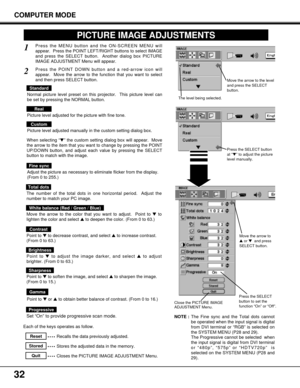 Page 3232
Press the MENU button and the ON-SCREEN MENU will
appear.  Press the POINT LEFT/RIGHT buttons to select IMAGE
and press the SELECT button.  Another dialog box PICTURE
IMAGE ADJUSTMENT Menu will appear. 
When selecting “” the custom setting dialog box will appear.  Move
the arrow to the item that you want to change by pressing the POINT
UP/DOWN button, and adjust each value by pressing the SELECT
button to match with the image.
1
2
Adjust the picture as necessary to eliminate flicker from the...