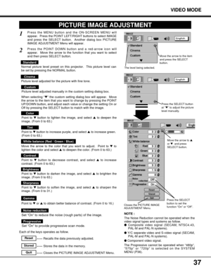 Page 3737
VIDEO MODE
PICTURE IMAGE ADJUSTMENT
Each of the keys operates as follow.
Press the MENU button and the ON-SCREEN MENU will
appear.  Press the POINT LEFT/RIGHT buttons to select IMAGE
and press the SELECT button.  Another dialog box PICTURE
IMAGE ADJUSTMENT Menu will appear. 1
Closes the PICTURE IMAGE
ADJUSTMENT Menu.
Point to button to lighten the image, and select to deepen the
image. (From 0 to 63.)
Point to button to increase purple, and select to increase green.
(From 0 to 63.)  
Point to...