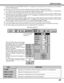 Page 47XGA
47
ITEM
CLAMP
DISPLAY AREA
HORIZ. SCALEFUNCTION
Adjustment of the clamp level. When the image has a dark bar, try this adjustment.
Expanding or compressing level for the vertical direction. Expanding or compressing level for the horizontal direction.PC ADJUSTMENT
DISPLAY 2MAIN MENU DISPLAY 17. Another dialog box PC ADJUSTMENT DISPLAY 2 will appear and the parameter data for the Mode you have selected
is shown in this dialog box.
18. Move the arrow to an item that you want to adjust by pressing the...