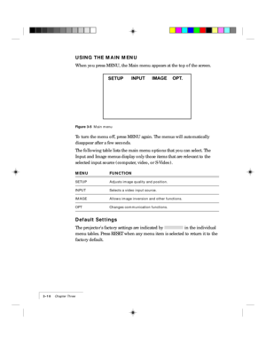 Page 343-10    Chapter Three
USING THE MAIN MENU
When you press MENU, the Main menu appears at the top of the screen.
Figure 3-5  Main menu
To turn the menu off, press MENU again. The menus will automatically
disappear after a few seconds.
The following table lists the main menu options that you can select. The
Input and Image menus display only those items that are relevant to the
selected input source (computer, video, or S-Video).
MENU FUNCTION
SETUP Adjusts image quality and position.
INPUT Selects a video...