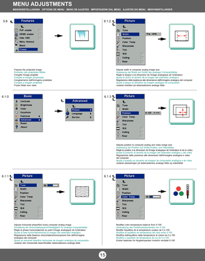 Page 15MENU ADJUSTMENTSMENÜEINSTELLUNGEN   OPTIONS DE MENU   MENÚ DE AJUSTES   IMPOSTAZIONI DAL MENU   AJUSTES DO MENU   MENYINNSTILLINGER
15
Adjusts width to computer analog image size
Anpassung der Breite auf Größe des analogen Computerbildes
Règle la largeur à la dimension de l'image analogique de l'ordinateur
Ajusta el ancho al tamaño de la imagen del ordenador analógico
Regolazione della larghezza alla dimensione dell'immagine analogicadel computer
Ajusta a largua ao tamanho da imagem analógica...