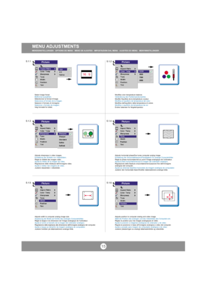 Page 1415
MENU ADJUSTMENTSMENÜEINSTELLUNGEN   OPTIONS DE MENU   MENÚ DE AJUSTES   IMPOSTAZIONI DAL MENU   AJUSTES DO MENU   MENYINNSTILLINGER
Modifies color temperature balance. 
Veränderung des Farbtemperaturwertes. 
Modifie léquilibre de la température couleur.
Modifica el equilibrio de temperatura del color. 
Modifica dellequilibrio della temperatura di colore. 
Modifica o equilíbrio da temperatura da cor. 
Endrer balansen for fargetemperatur. 
Adjusts horizontal phase/fine tunes computer analog image....