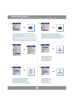 Page 1920
Projects the user defined logo screen when no source is connected. Ref chap. I
Es wird die vom Benutzer definierte Logo-Anzeige des Projektors gezeigt, wenn keine
Quelle angeschlossen ist. Siehe Kap. I
Projette l’
écran logo choisi par l’utilisateur lorsque aucune source n’est branchée. Voir chap. I
Cuando no hay ninguna fuente conectada, se proyecta la pantalla con el logotipo definido
por el usuario. Ref. cap
. IProietta lo schermo con il logo definito dall’utente quando non ci sono sorgenti...