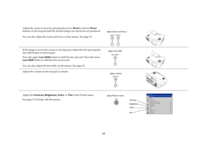 Page 1817
Adjust the zoom or focus by pressing the power Zoom or power Focus 
buttons on the keypad until the desired image size and focus are produced.
You can also adjust the zoom and focus via the menus. See page 32
If the image is not on the screen or viewing area, adjust the it by pressing the 
lens shift button on the keypad. 
Press the upper Lens Shift button to shift the lens upward. Press the lower 
Lens Shift button to shift the lens downward
.
You can also adjust the lens shift via the menus. See...