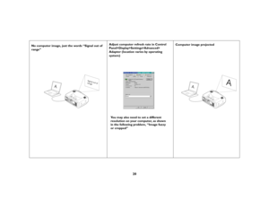 Page 2120
No computer image, just the words “Signal out of 
range” Adjust computer refresh rate in Control 
Panel>Display>Settings>Advanced>
Adapter (location varies by operating 
system)Computer image projected
A
Signal out of
range
You may also need to set a different 
resolution on your computer, as shown
in the following problem, “Image fuzzy
or cropped”
A
A 