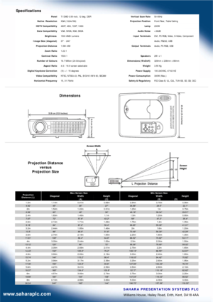 Page 2Williams House, Hailey Road, Erith, Kent, DA18 4AA  SAHARA PRESENTATION SYSTEMS PLC www.saharaplc.com 
Panel  TI DMD 0.55-inch, 12 deg. DDR   Vertical Scan Rate  50-85Hz 
 XGA (1024x768)  Projection Position  Front/Rear, Table/Ceiling 
  HDTV Compatibility  480P, 480i, 720P, 1080i   Lamp  200W 
Data Compatibility  VGA, SVGA, XGA, SXGA  Audio Noise  