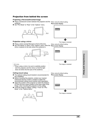 Page 26Connections and Setup
25
Projection from behind the screen
Projecting a Reversed/Inverted Image
„Place a translucent screen between the projector and the 
audience.
„Set “PRJ Mode” to “Rear” in the “Options” menu.
Projection using a mirror
„Place a mirror (normal flat type) in front of the lens.
„Set “PRJ Mode” to “Rear” in the “Options” menu, when the 
mirror is placed on the side where the audience is.
Ceiling-mount setup
„The optional ceiling-mount bracket is recommended for 
this installation....