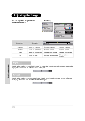 Page 3534
Basic Operation
Adjusting the Image
You can adjust the image with the 
following procedure.
Use this option to adjust the overall brightness of the image. Use in conjunction with contrast to fine-tune the 
display. The scale is from -50 to 50.The default setting is 0.
Use this option to adjust the contrast of the image. Use this control in conjunction with contrast to fine-tune 
the display. The scale is from -50 to 50. The default setting is 0.
Selected itemDescription
BrightnessAdjusts the...