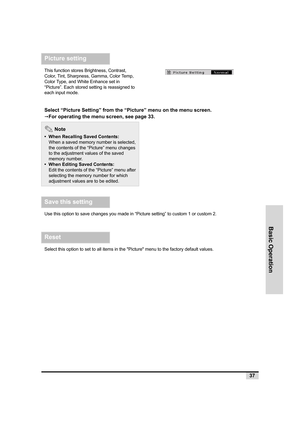 Page 3837
Basic Operation
Picture setting
This function stores Brightness, Contrast, 
Color, Tint, Sharpness, Gamma, Color Temp, 
Color Type, and White Enhance set in 
“Picture”. Each stored setting is reassigned to 
each input mode. 
Select “Picture Setting” from the “Picture” menu on the menu screen.
For operating the menu screen, see page 33.
 Note
•  When Recalling Saved Contents:
When a saved memory number is selected, 
the contents of the “Picture” menu changes 
to the adjustment values of the saved...