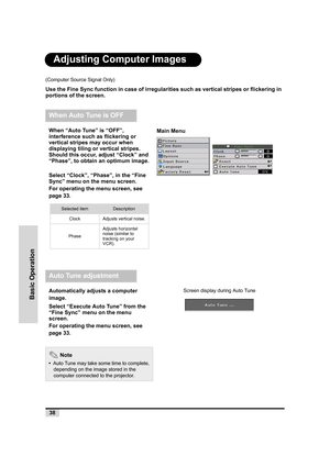 Page 3938
Basic Operation
Adjusting Computer Images
(Computer Source Signal Only)
Use the Fine Sync function in case of irregularities such as vertical stripes or flickering in 
portions of the screen.
When Auto Tune is OFF
When “Auto Tune” is “OFF”, 
interference such as flickering or 
vertical stripes may occur when 
displaying tiling or vertical stripes. 
Should this occur, adjust “Clock” and 
“Phase”, to obtain an optimum image.
Select “Clock”, “Phase”, in the “Fine 
Sync” menu on the menu screen.
For...