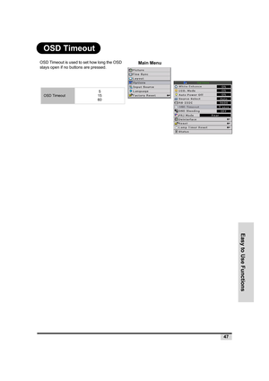 Page 48Easy to Use Functions
47
OSD Timeout
OSD Timeout is used to set how long the OSD 
stays open if no buttons are pressed.
OSD Timeout5
15
60
Main Menu 