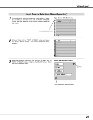 Page 2525
Video Input
Input Source Selection (Menu Operation)
Press the MENU button, and the main menu appears.  Select
the Input Source Selection menu with the POINT UP/DOWN
button, and then press the POINT RIGHT button to enter the
sub-menu.  
Choose Video with the POINT UP/DOWN button and press
the POINT RIGHT button.  The source selection menu
appears.  
1
2
Source Selection menu (VIDEO)
Input Source Selection menu
Move the pointer to the source that you want to select with the
POINT UP/DOWN button, and...