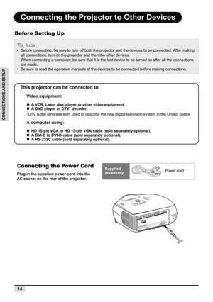 Page 1614
CONNECTIONS AND SETUP
Connecting the Projector to Other Devices
Before Setting Up
 Note
•  Before connecting, be sure to turn off both the projector and the devices to be connected. After making 
all connections, turn on the projector and then the other devices.
When connecting a computer, be sure that it is the last device to be turned on after all the connections 
are made.
•  Be sure to read the operation manuals of the devices to be connected before making connections.
This projector can be...