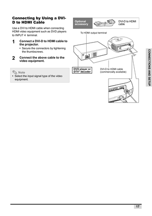 Page 1917
CONNECTIONS AND SETUP
Connecting by Using a DVI-
D
 to HDMI Cable
Use a DVI to HDMI cable when connecting 
HDMI video equipment such as DVD players 
to INPUT 
4 terminal. 
1Connect a DVI-D to HDMI cable to 
the projector.
•  Secure the connectors by tightening 
the thumbscrews.
2Connect the above cable to the 
video equipment.
 Note
•  Select the input signal type of the video 
equipment.
Optional 
accessoryDVI-D to HDMI 
cable
S
-
V
I
D
E
O
V
I
D
E
OPr/Cr
Pb/Cb
YPr/Cr
Pb/CbYP
CDVI
WAR
NING
 
 D
o...