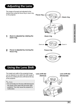 Page 2321
CONNECTIONS AND SETUP
Adjusting the Lens
Using the Lens Shift
The image is focused and adjusted to the 
desired size using the focus ring or zoom ring 
on the projector.
1Zoom is adjusted by rotating the 
zoom ring.
2Focus is adjusted by moving the 
focus ring.
The height and width of the projected image 
can be adjusted to be within the shift range of 
the lens by rotating the lens shift dial at the top 
of the projector.
 Note
•  Do not forcibly turn the lens shift dial beyond 
the range of the...