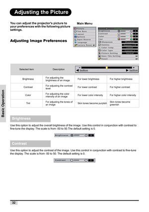 Page 3432
Basic Operation
Adjusting the Picture
You can adjust the projectors picture to 
your preferences with the following picture 
settings.
Adjusting Image Preferences
Use this option to adjust the overall brightness of the image. Use this control in conjunction with contrast to 
fine-tune the display. The scale is from -50 to 50.The default setting is 0.
Use this option to adjust the contrast of the image. Use this control in conjunction with contrast to fine-tune 
the display. The scale is from -50 to...