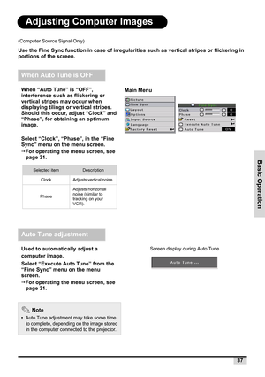 Page 3937
Basic Operation
Adjusting Computer Images
(Computer Source Signal Only)
Use the Fine Sync function in case of irregularities such as vertical stripes or flickering in 
portions of the screen.
When Auto Tune is OFF
When “Auto Tune” is “OFF”, 
interference such as flickering or 
vertical stripes may occur when 
displaying tilings or vertical stripes. 
Should this occur, adjust “Clock” and 
“Phase”, for obtaining an optimum 
image.
Select “Clock”, “Phase”, in the “Fine 
Sync” menu on the menu screen....